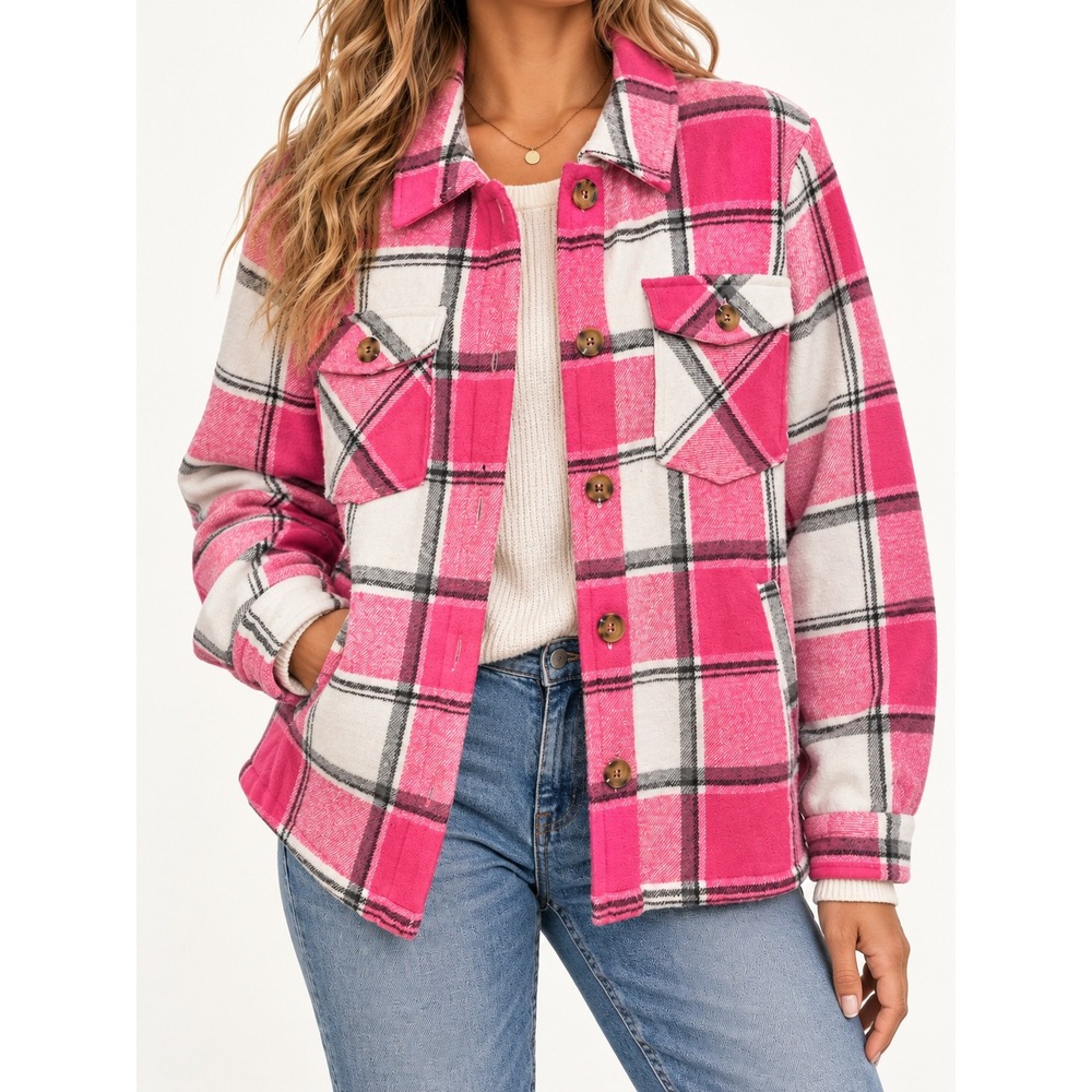 Posh Sheji Pink Plaid Sherpa Lined Shacket Flannel Jacket Small 24005